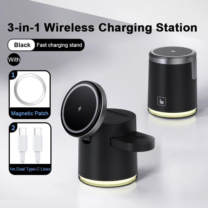 Qi2 Wireless Charger 3-in-1 Fast Charging Station Stand Folding Holder for iPhone16 15 14 ProMax Airpods Apple Watch