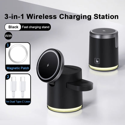 Qi2 Wireless Charger 3-in-1 Fast Charging Station Stand Folding Holder for iPhone16 15 14 ProMax Airpods Apple Watch