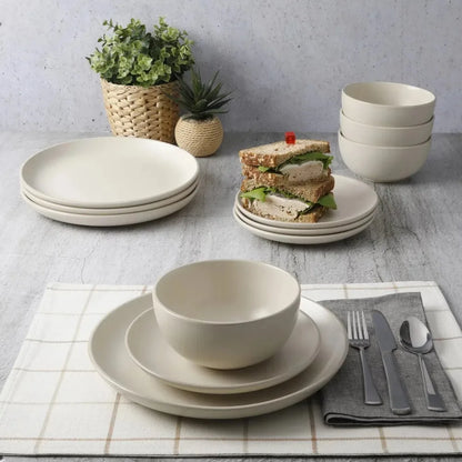 Matte 12-Piece Dinnerware Set, Cream,  Bowl Set , Salad Bowl