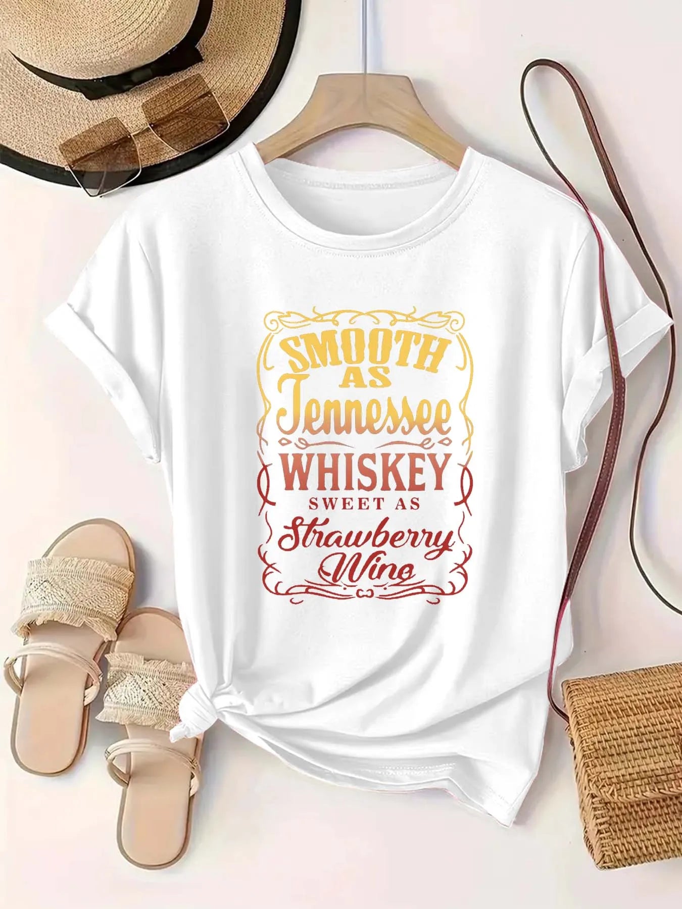 Plus Size Women's Round Neck Whiskey & Strawberry Wine themed Print Short Sleeve T Shirt Summer Casual Trendy Tops