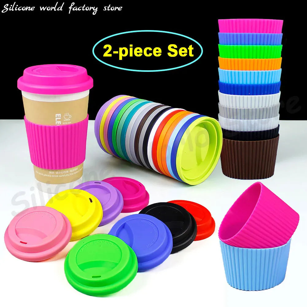 Silicone World 2PCS/Set Silicone Coffee Cup Cover Heat Insulation Anti Slip Cup Sleeve Mug Glass Cup Cover Anti-Dust Cup Lids