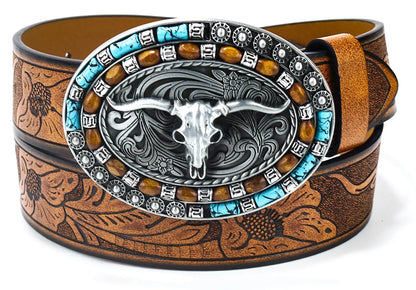Western Cowboy Cowgirl PU Belts - Women Men Turquoise Embossed Waist Belts With LongHorn Bull Buckles Fit