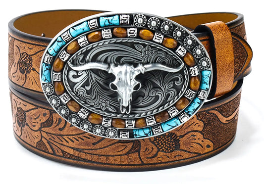 Western Cowboy Cowgirl PU Belts - Women Men Turquoise Embossed Waist Belts With LongHorn Bull Buckles Fit