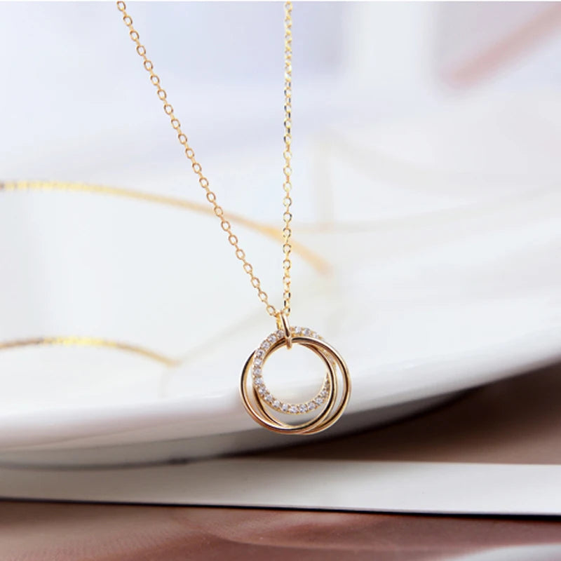 S925 Silver Round Choker Zircon For Women Fashion Chain Minimalist Dainty Double Circle Pendant Necklace Neck Fine Jewelry
