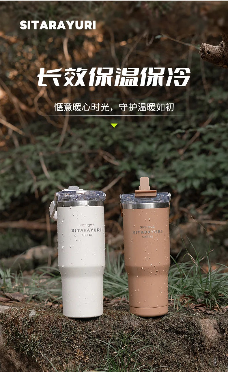 600-900ML Large Capacity Handheld  Stainless Steel Thermos Bottle Bing Ba Water Bottle Double Drinking Straw Thermo Bottle