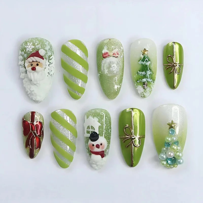 24PCS Christmas Green Monster Press-On Nails – Snowflake & Rhinestone Holiday Nail Art 💅🎄