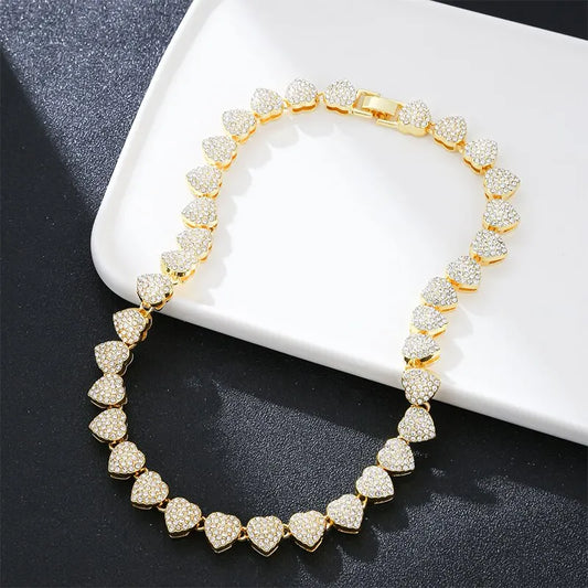 Heart Shape Cuban Chain Necklace – Gold Plated, Iced Out Crystal Jewelry for Women