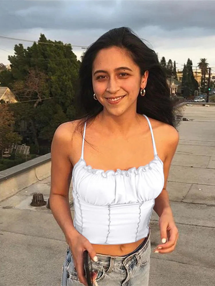 Women Ruffles Tank Top Fashion Ladies Sleeveless Strapless Ruched Slim Crop Top Camisole Female Clothing Tanks