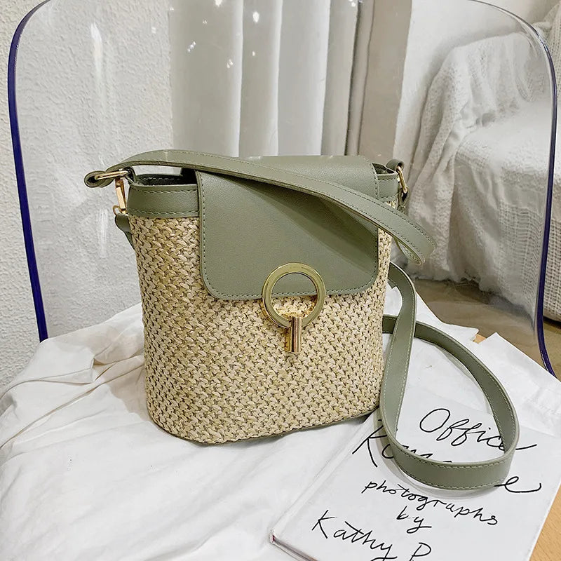Women Straw Woven Shoulder Bag Crossbody Rattan Tote Casual Bucket Bag Beach Versatile Handbag