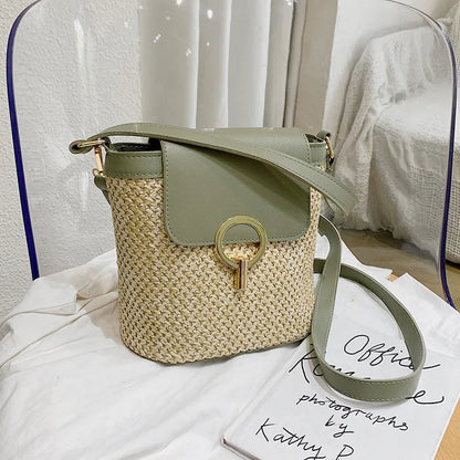 Women Straw Woven Shoulder Bag Crossbody Rattan Tote Casual Bucket Bag Beach Versatile Handbag
