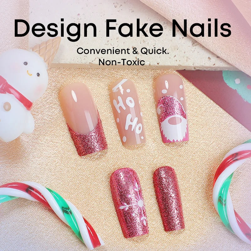24PCS Shiny Pink Merry Christmas Press-On Nails – Short Square Santa & Snowflake Design 🎅❄️💅