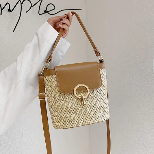 Women Straw Woven Shoulder Bag Crossbody Rattan Tote Casual Bucket Bag Beach Versatile Handbag