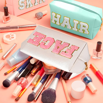 Chenille Letter Cosmetic Bag PU Leather Waterproof Pouch Cute Zipper Organizer, Skin, Hair and Face