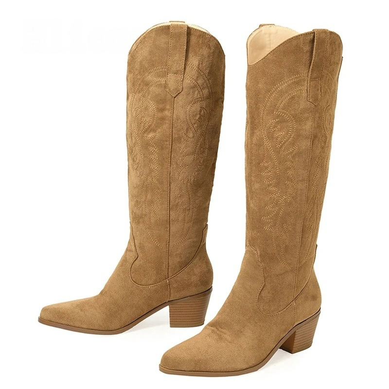 Retro Spring Winter Knee High Boots Women Comfy Walking Fashion Pointed Toe Female Western Cowboy Boot High Heel