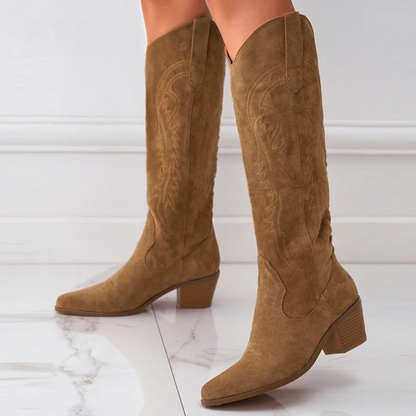 Retro Spring Winter Knee High Boots Women Comfy Walking Fashion Pointed Toe Female Western Cowboy Boot High Heel