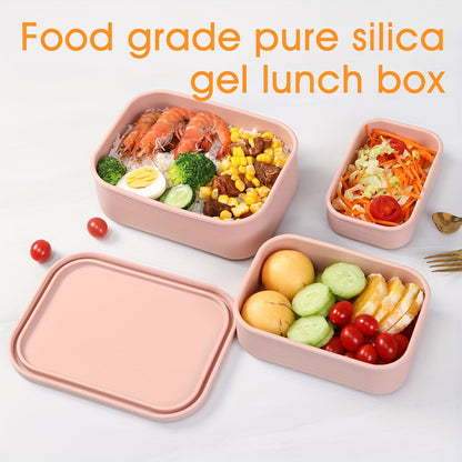 3pcs Silicone Bento Lunch Box Set with Lids - Airtight, Microwave & Dishwasher Safe Food Storage Containers in Green/Pink/Blue - Perfect for School, Office, Camping & Picnics (10oz, 23.6oz, 44oz)