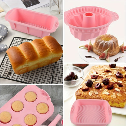 6pcs, Nonstick Silicone Bakeware Set, Cake Pan, Muffin Pan, Bundt Pan, Loaf Pan, Heat Resistant Bread Molds, Baking Tools, Kitchen Gadgets, Kitchen Accessories