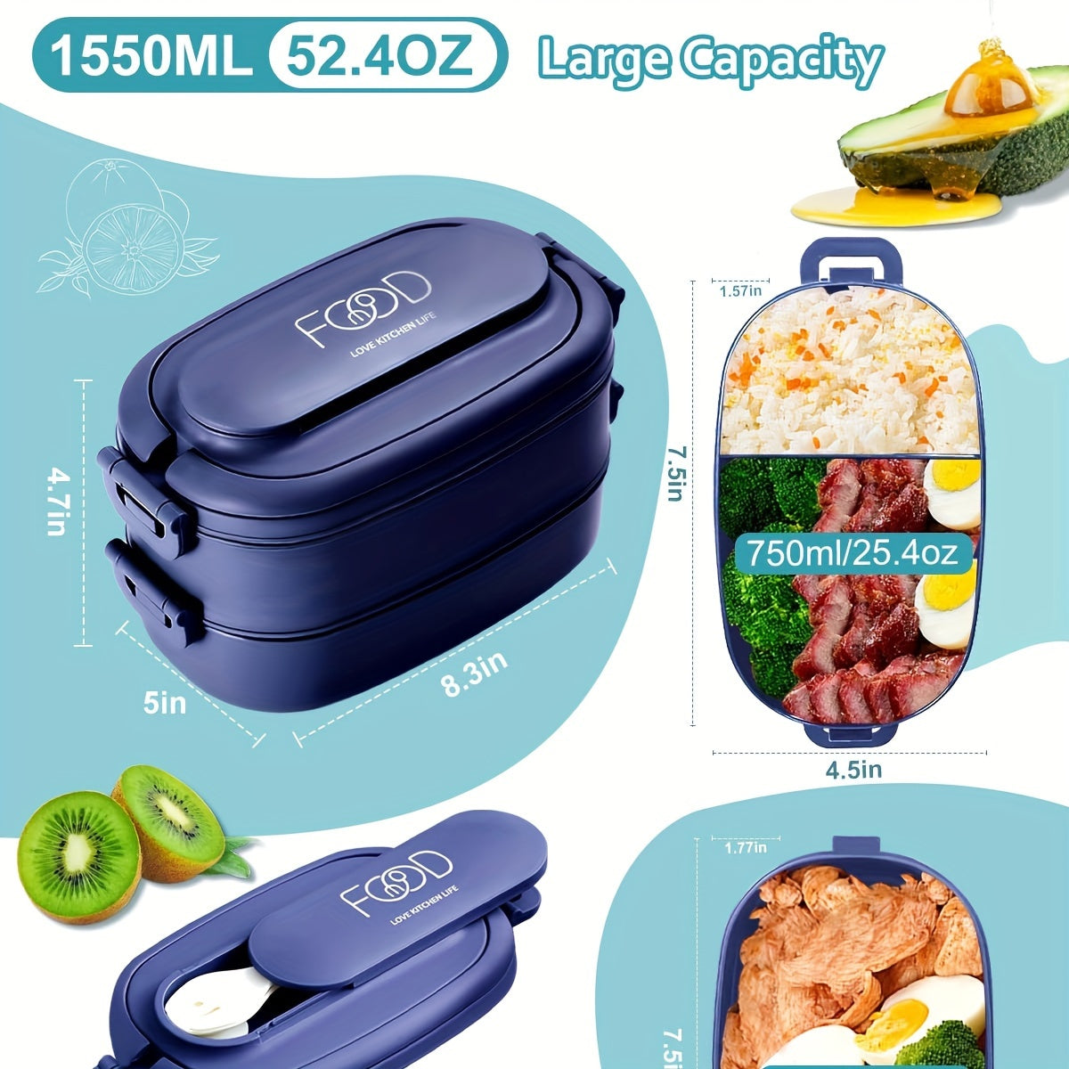 Bento Box Adults Lunch Box: Stackable Lunchbox w/Utensils, Leak-Proof Portable Lunch Container w/Divided Compartments, 1550ml Microwave Safe Lunch Box for Work, Outdoors