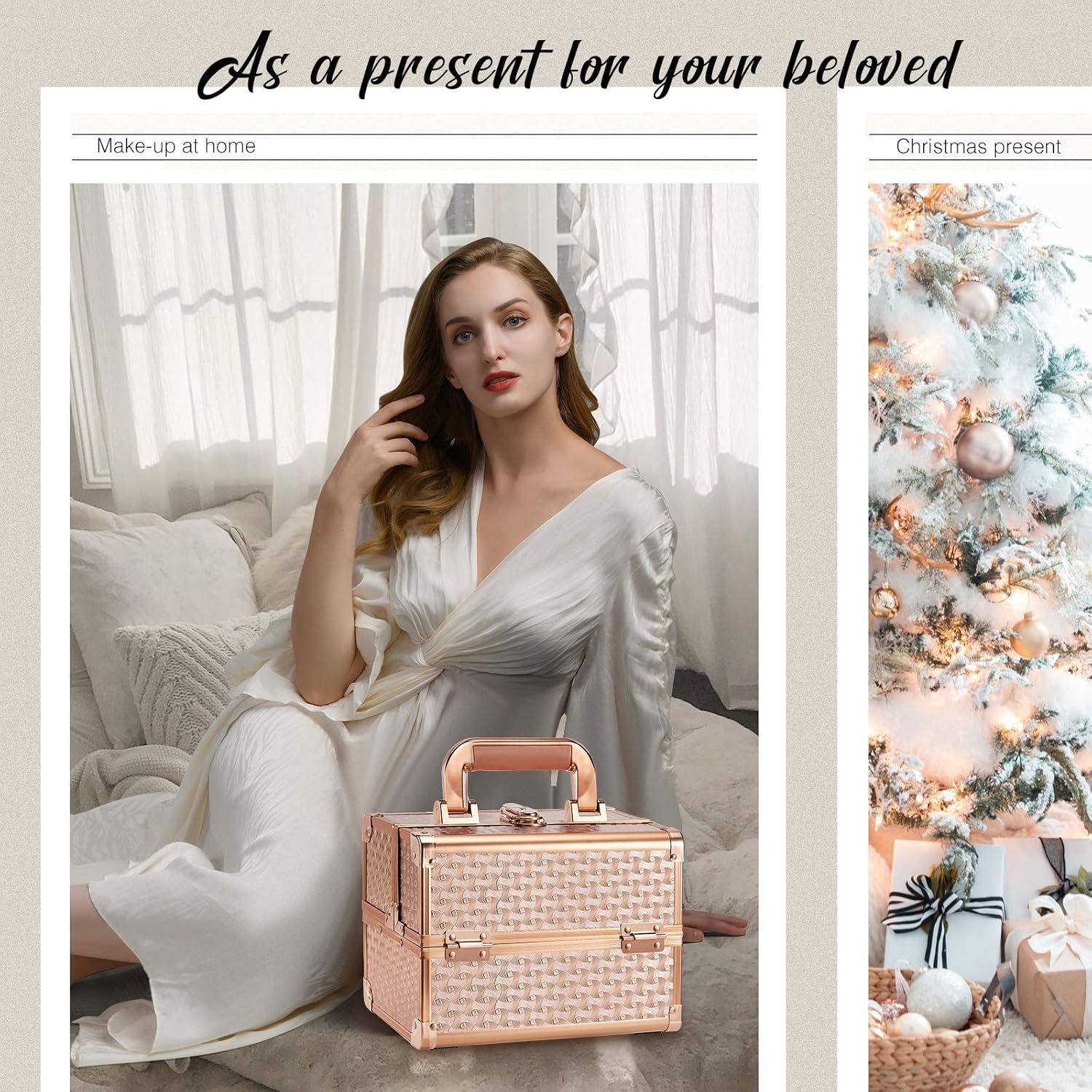 Beauty Makeup Train Case for Lady Portable Cosmetic Box Jewelry Organizer Lockable with Keys and Mirror 2-Tier Trays Carrying with Handle Makeup Storage Box - Rose Gold