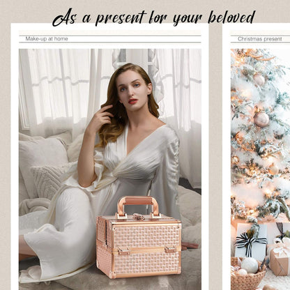 Beauty Makeup Train Case for Lady Portable Cosmetic Box Jewelry Organizer Lockable with Keys and Mirror 2-Tier Trays Carrying with Handle Makeup Storage Box - Rose Gold