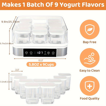 9-Cup Automatic Greek Yogurt Maker Machine - Temperature and Time Control, Glass Jars for Effortless Cleaning, Ideal for Homemade Yogurt, Healthy Snacks and Delicious Recipes