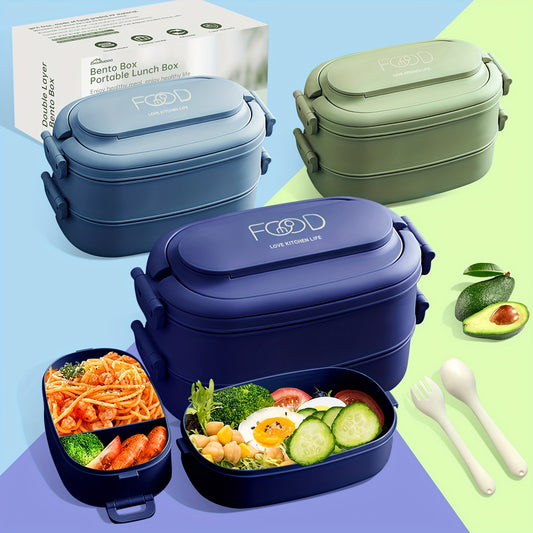 Bento Box Adults Lunch Box: Stackable Lunchbox w/Utensils, Leak-Proof Portable Lunch Container w/Divided Compartments, 1550ml Microwave Safe Lunch Box for Work, Outdoors