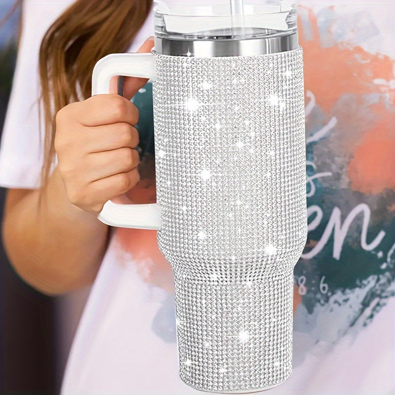 40oz Stainless Steel Glitter Tumbler - Rhinestone Decor, Flat Bottom Cup, Sparkly Gift for Women, Reusable, Hand Wash Only, Modern Design, Skinny Tumbler with Straw and Handle