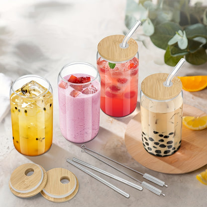 4Pcs Drinking Glasses with Bamboo Lids and Glass Straw - 16 Oz Can Shaped Glass Cups for Beer, Ice Coffee, Cute Tumbler Cup Great for Soda Boba Tea Cocktail Include 2 Cleaning Brushes