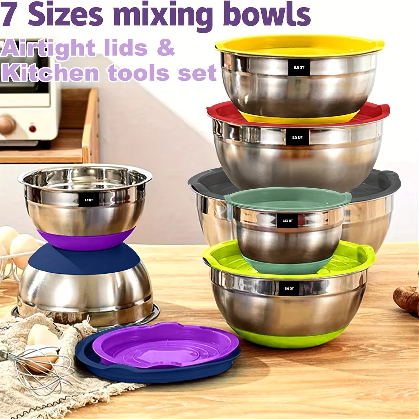 Bowls With Airtight Lids, 20 Piece Stainless Steel Metal Nesting Bowls, Non-Slip Colorful Silicone Bottom, Size 7, 3.5, 2.5, 2.0, 1.5, 1, 0.67QT, Great For Mixing, Baking, Serving