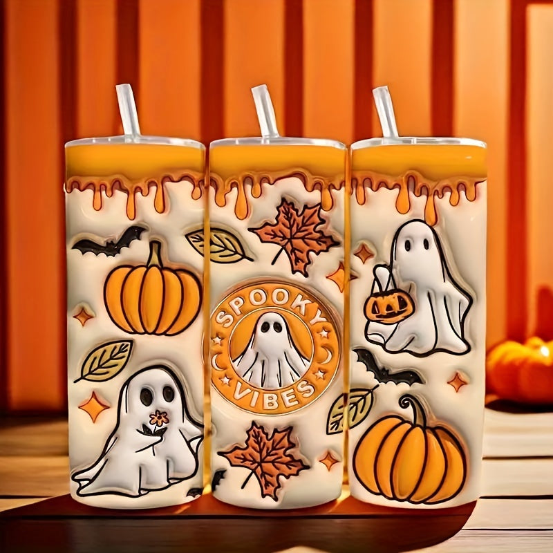 20oz Spooky Vibes Stainless Steel Tumbler with Lid - Double-Wall Vacuum Insulated Travel Cup for Hot & Cold Drinks, Durable & Pumpkin Design, Perfect for Halloween, Home, Outdoor, Beach Vacations