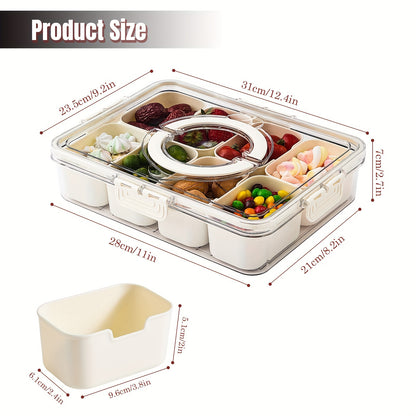 Divided Serving Tray with Lid and Handle - 8-Compartment Snack Box for Portable Snack Platters and Home Decor - Perfect for Parties, Entertaining, and Travel. Includes 50 free freshness bags.