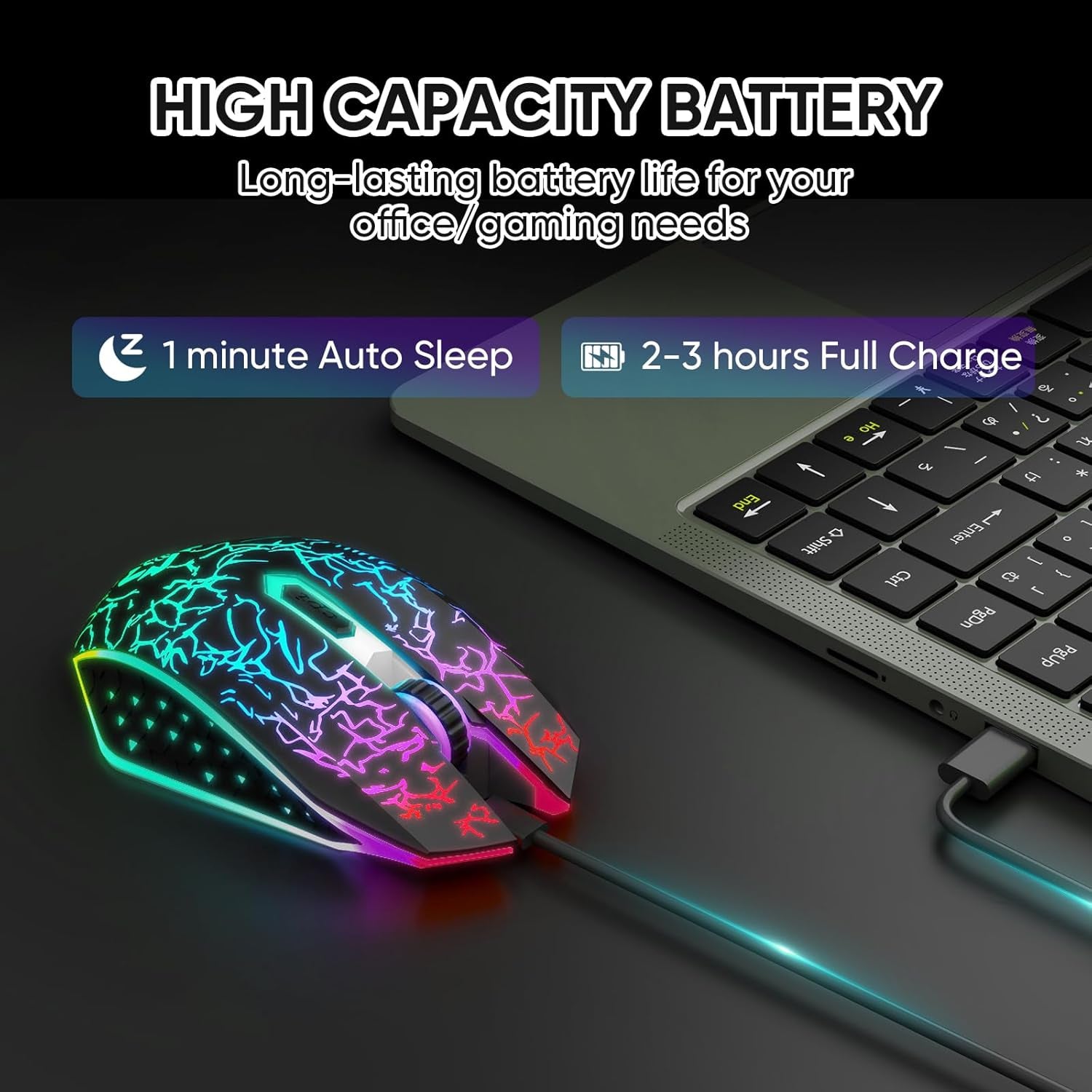 Bluetooth Wireless Gaming Mouse, 2.4G Cordless RGB Rechargeable PC Game Mouse, Black