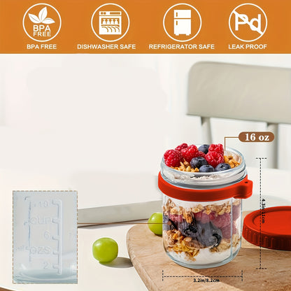 Overnight Oats Containers with Lid and Spoon, 16 oz & 10 oz Glass Mason Overnight Oats Jars, 3 Large & 3 Small Family Sharing, Airtight Jars for Salad, Cereal, Fruit (6 Pack)