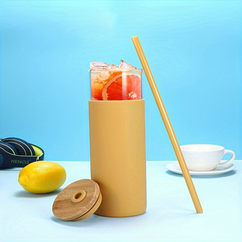 20 oz Glass Tumbler Glass Water Bottle Straw Silicone Protective Sleeve Bamboo Lid - BPA Free - Amber/ 8 Pack