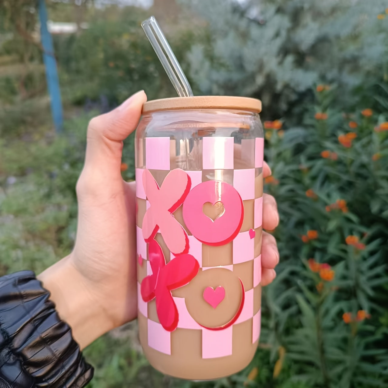 ACMALCO XOXO 16oz Heart & Plaid Print Glass Cup - Perfect for Coffee, Juice, Water, Wine | Reusable, Dishwasher Safe | Unique Valentine's Day Gift