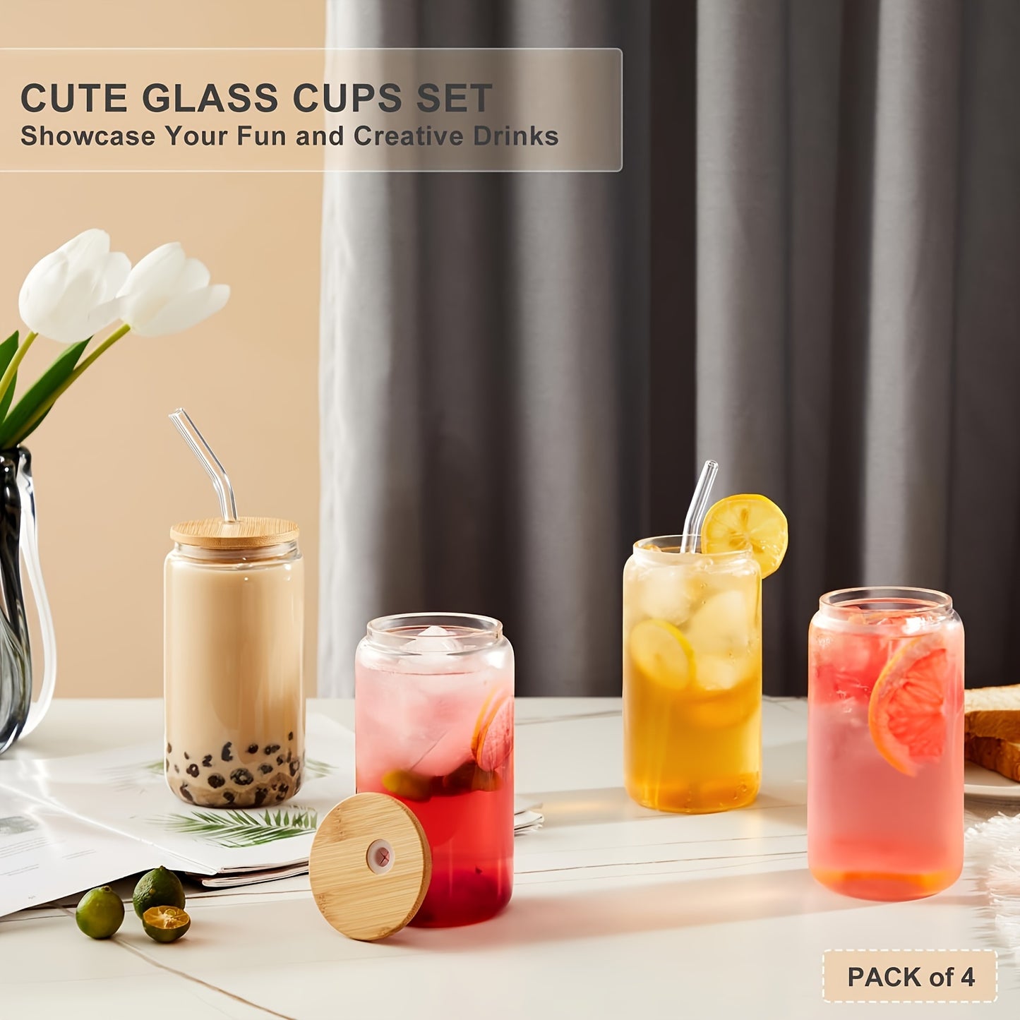 4pcs Glass Cups With Lids And Straws, 16OZ Beer Can Shaped Drinking Glasses Set, Iced Coffee Cup, Glass Tumbler With 1 Cleaning Brush, Ideal For Cocktail, Whiskey, Tea