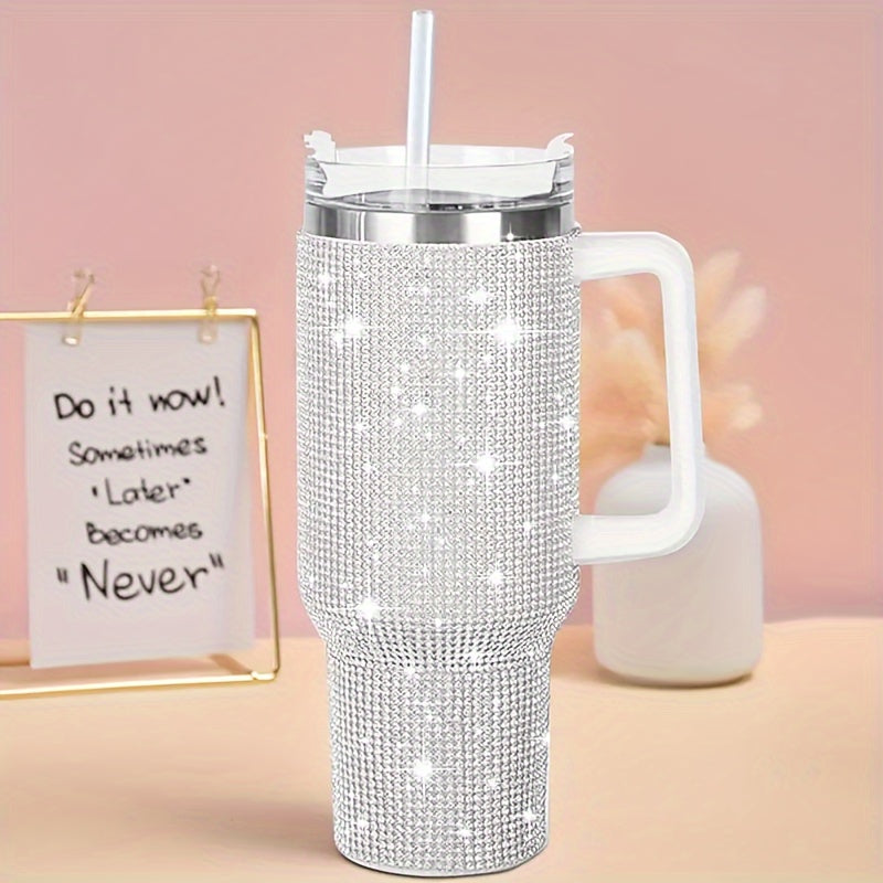 40oz Stainless Steel Glitter Tumbler - Rhinestone Decor, Flat Bottom Cup, Sparkly Gift for Women, Reusable, Hand Wash Only, Modern Design, Skinny Tumbler with Straw and Handle