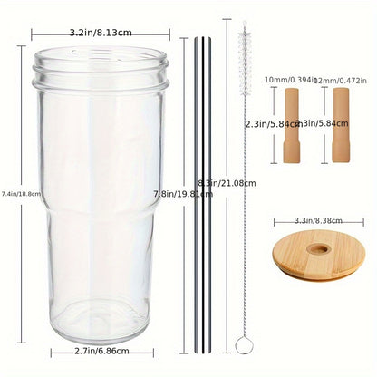 24 oz Wide Mouth Mason Jar Drinking Glass with Bamboo Lids and Straws 2 Pack, Smoothie Cup Reusable for Iced Coffee, Pearl Milkshake, Water, Juice BPA Free