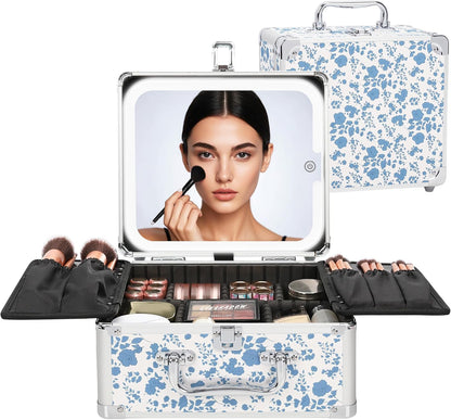 Makeup Bag with LED Mirror, Makeup Box Travel Train Case with Rechargeable Lighted Mirror & Adjustable Dividers, Cosmetic Brush Organizer Storage for Makeup Artists Gifts for Women and Girls