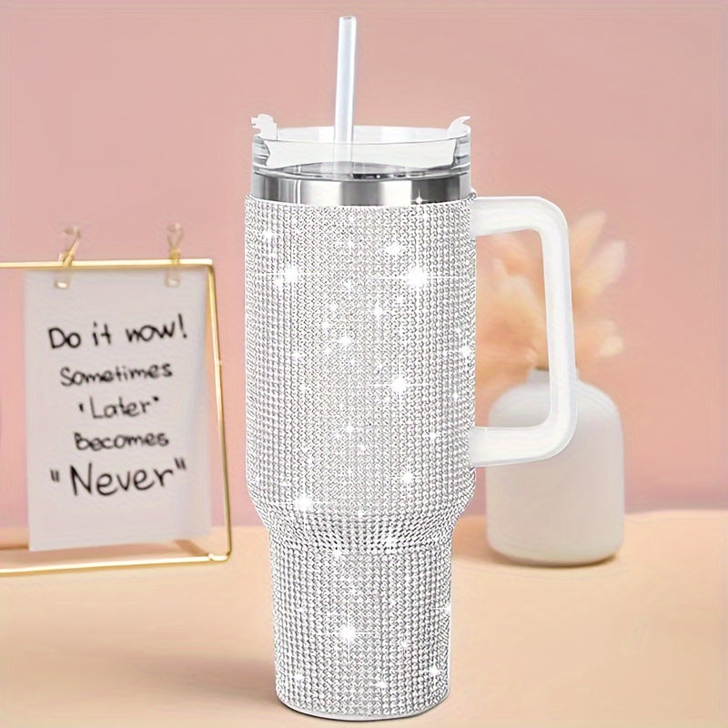 40oz Stainless Steel Glitter Tumbler - Rhinestone Decor, Flat Bottom Cup, Sparkly Gift for Women, Reusable, Hand Wash Only, Modern Design, Skinny Tumbler with Straw and Handle