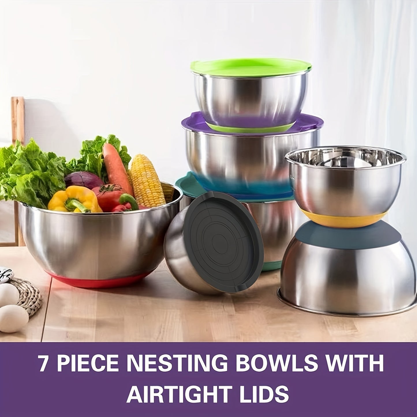 Bowls With Airtight Lids, 20 Piece Stainless Steel Metal Nesting Bowls, Non-Slip Colorful Silicone Bottom, Size 7, 3.5, 2.5, 2.0, 1.5, 1, 0.67QT, Great For Mixing, Baking, Serving