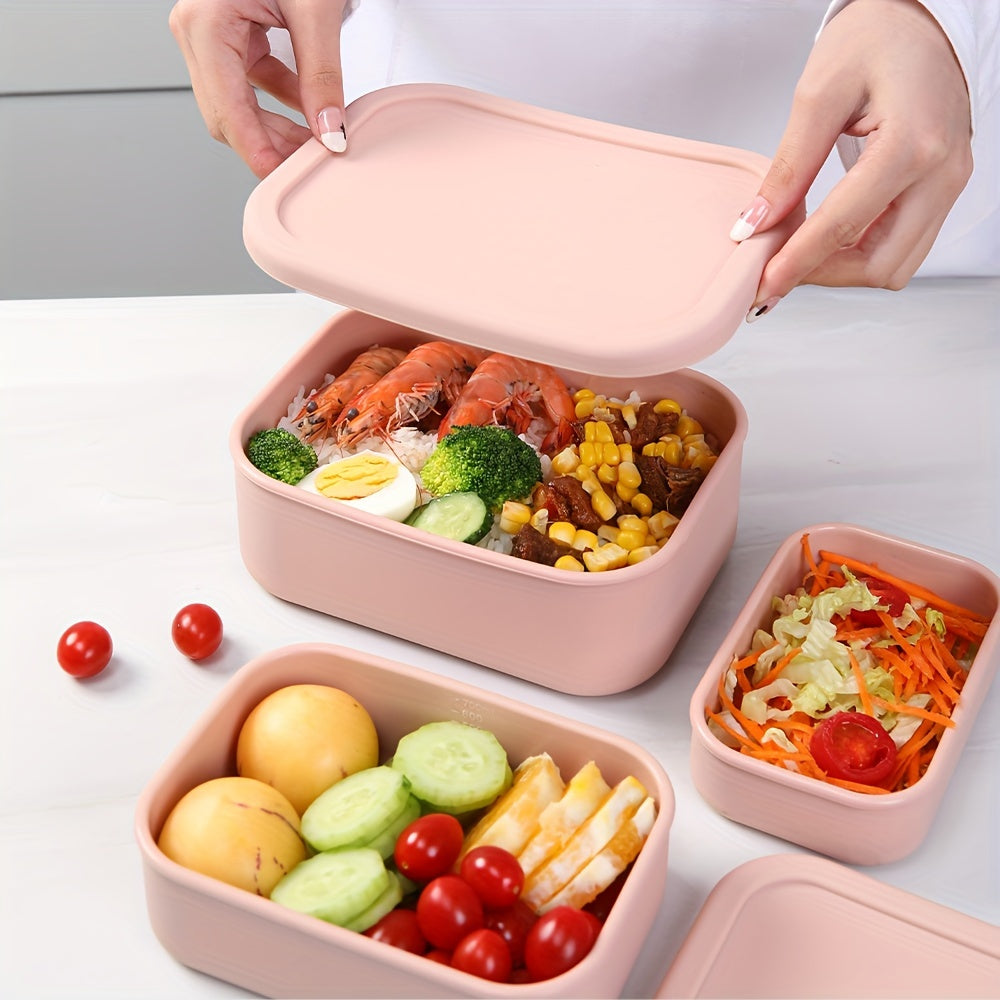 3pcs Silicone Bento Lunch Box Set with Lids - Airtight, Microwave & Dishwasher Safe Food Storage Containers in Green/Pink/Blue - Perfect for School, Office, Camping & Picnics (10oz, 23.6oz, 44oz)