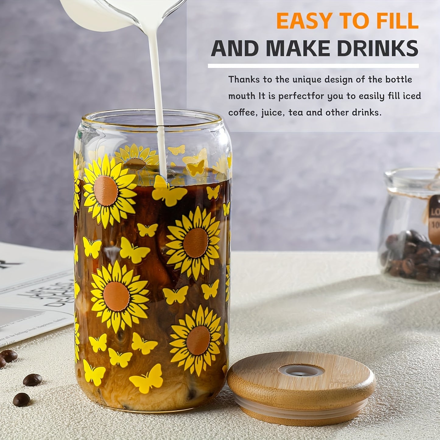 4PS Sunflower Printed Glass With Lid And Straw 16OZ Coffee Mugs, Drinking Mugs 4-Piece Set For Coffee, Milk Tea, Juice, Beer Mugs, Gift Mugs