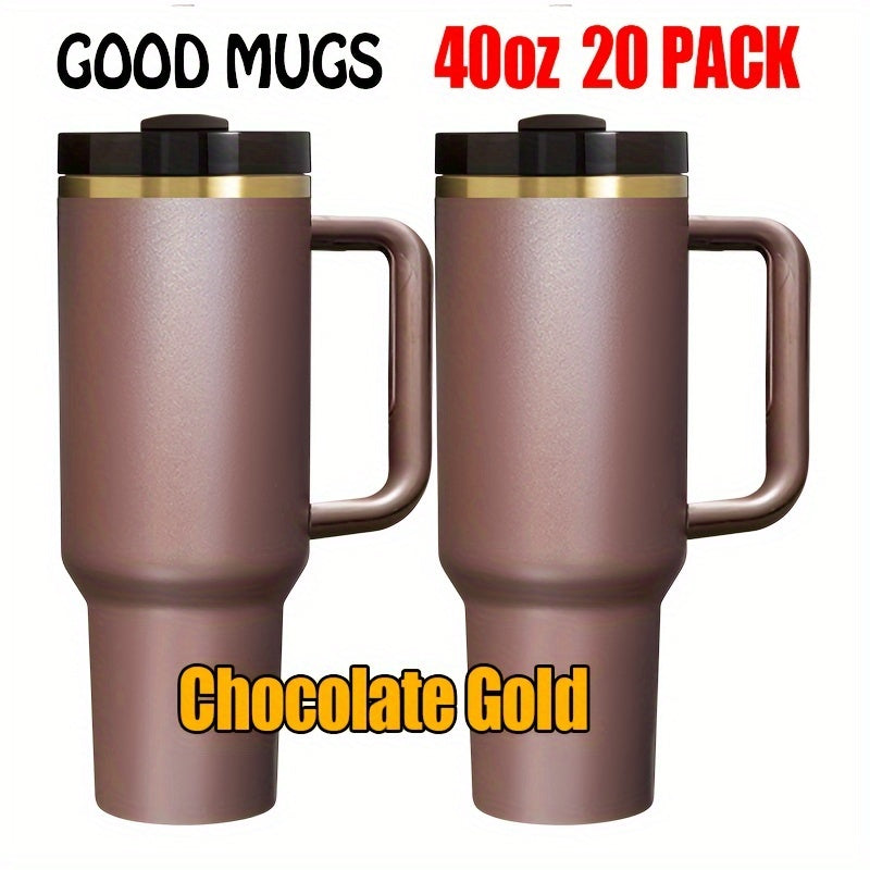 20 PACK 40 oz Tumbler with Handle and Straw Lid Powder Coated Chocolate Gold Plated Laser Engraving Insulated Reusable Double Wall Stainless Steel Water Bottle Travel Mug