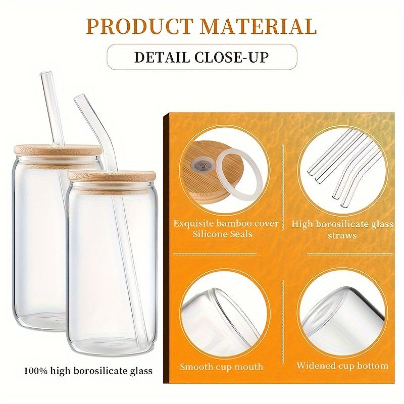 4Pcs Drinking Glasses with Bamboo Lids and Glass Straw - 16 Oz Can Shaped Glass Cups for Beer, Ice Coffee, Cute Tumbler Cup Great for Soda Boba Tea Cocktail Include 2 Cleaning Brushes