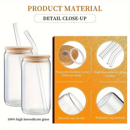 4Pcs Drinking Glasses with Bamboo Lids and Glass Straw - 16 Oz Can Shaped Glass Cups for Beer, Ice Coffee, Cute Tumbler Cup Great for Soda Boba Tea Cocktail Include 2 Cleaning Brushes