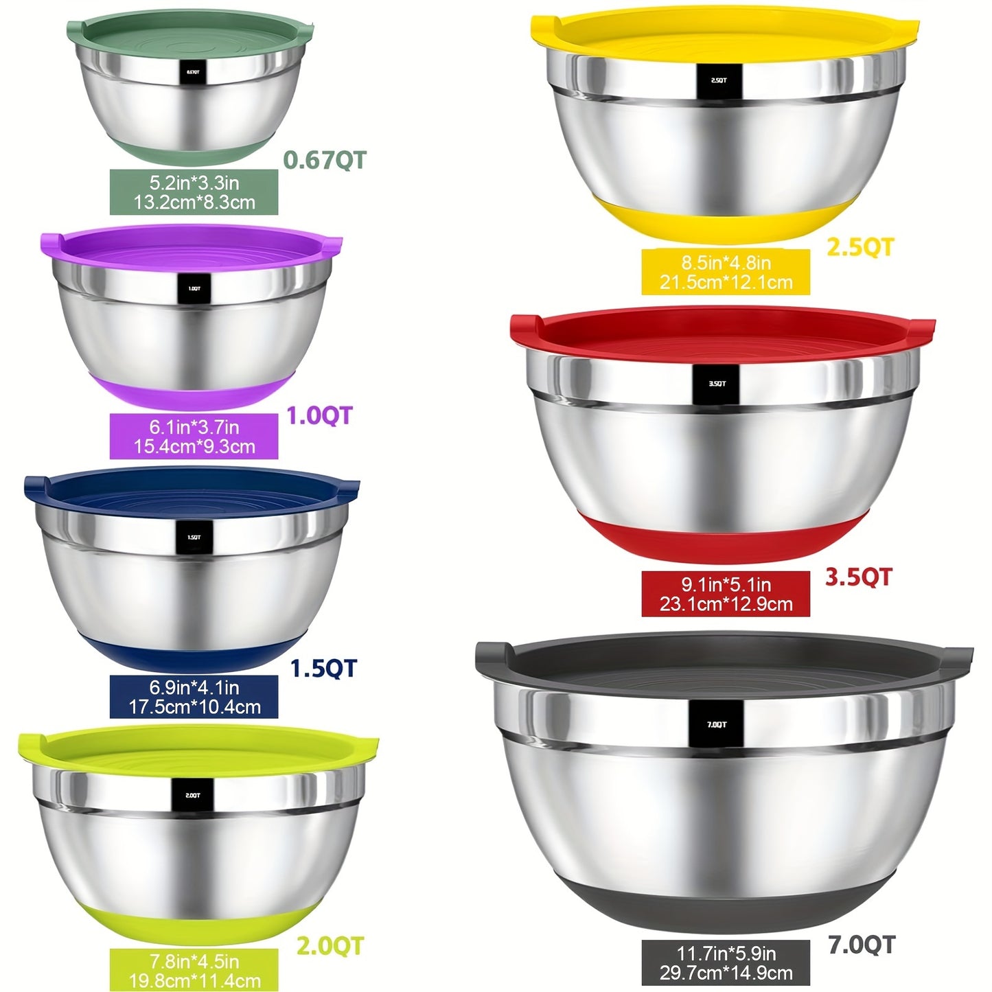 Bowls With Airtight Lids, 20 Piece Stainless Steel Metal Nesting Bowls, Non-Slip Colorful Silicone Bottom, Size 7, 3.5, 2.5, 2.0, 1.5, 1, 0.67QT, Great For Mixing, Baking, Serving