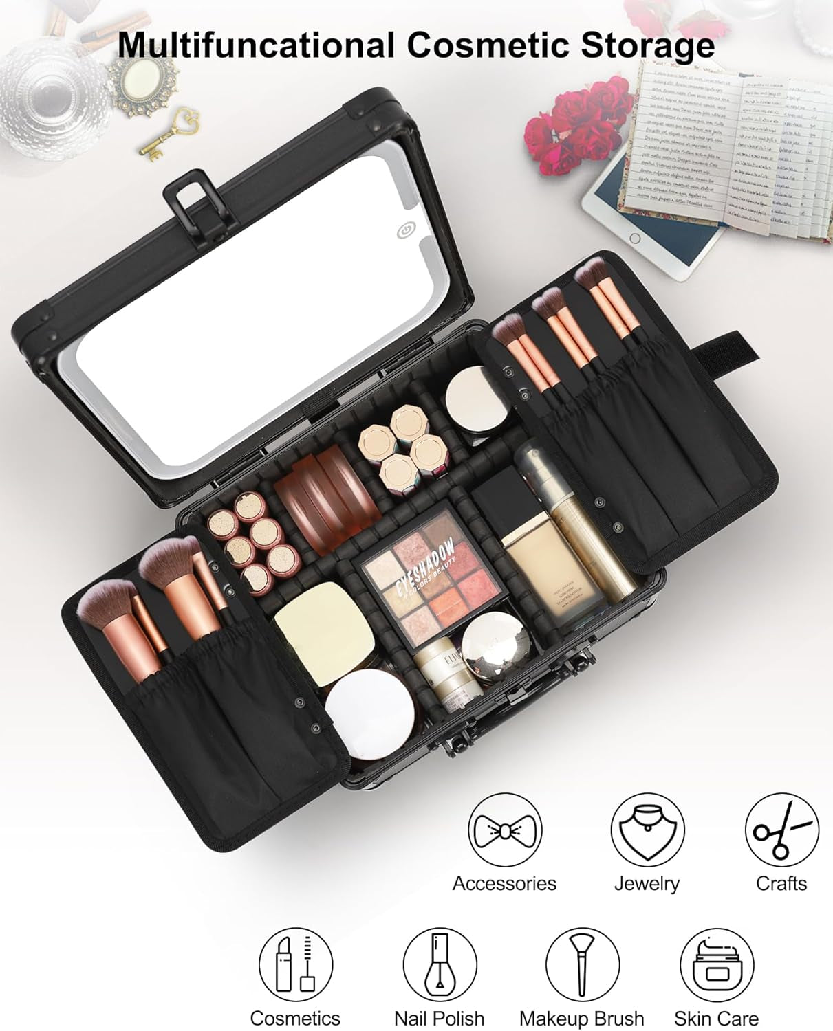 Makeup Bag with LED Mirror, Makeup Box Travel Train Case with Rechargeable Lighted Mirror & Adjustable Dividers, Cosmetic Brush Organizer Storage for Makeup Artists Gifts for Women and Girls