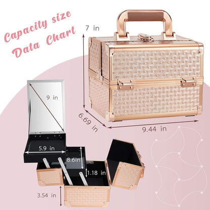 Beauty Makeup Train Case for Lady Portable Cosmetic Box Jewelry Organizer Lockable with Keys and Mirror 2-Tier Trays Carrying with Handle Makeup Storage Box - Rose Gold