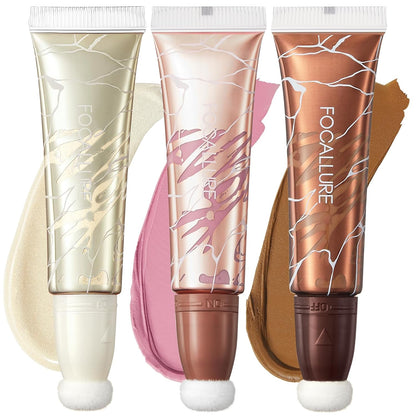 3 PCS Liquid Contour Stick,Moisturizing Highlighter,Blush and Bronzer,Silky Cream Contouring Pen with Soft Cushion Applicator,Long Lasting Face Illuminator Makeup,Bikini Beach